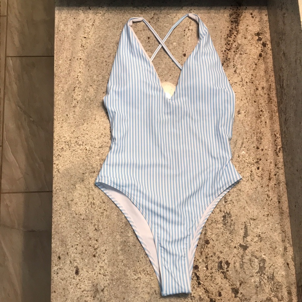 Blue and White Striped Criss Cross Back Swimsuit